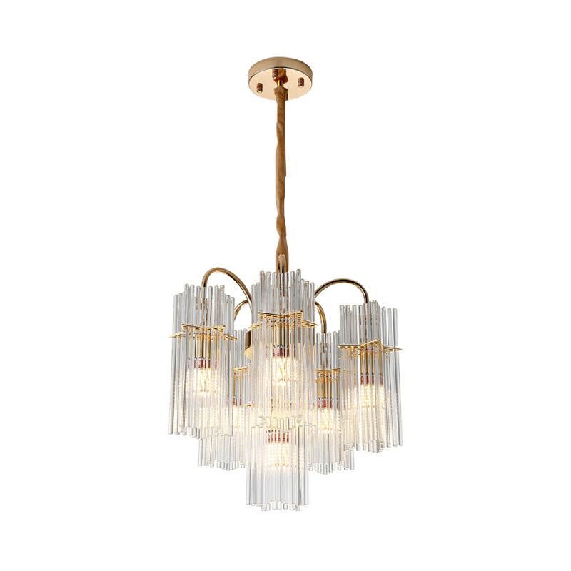 Tiered Cylinder Crystal Chandelier Light Modern 6 Heads Dining Room Ceiling Pendant in Gold