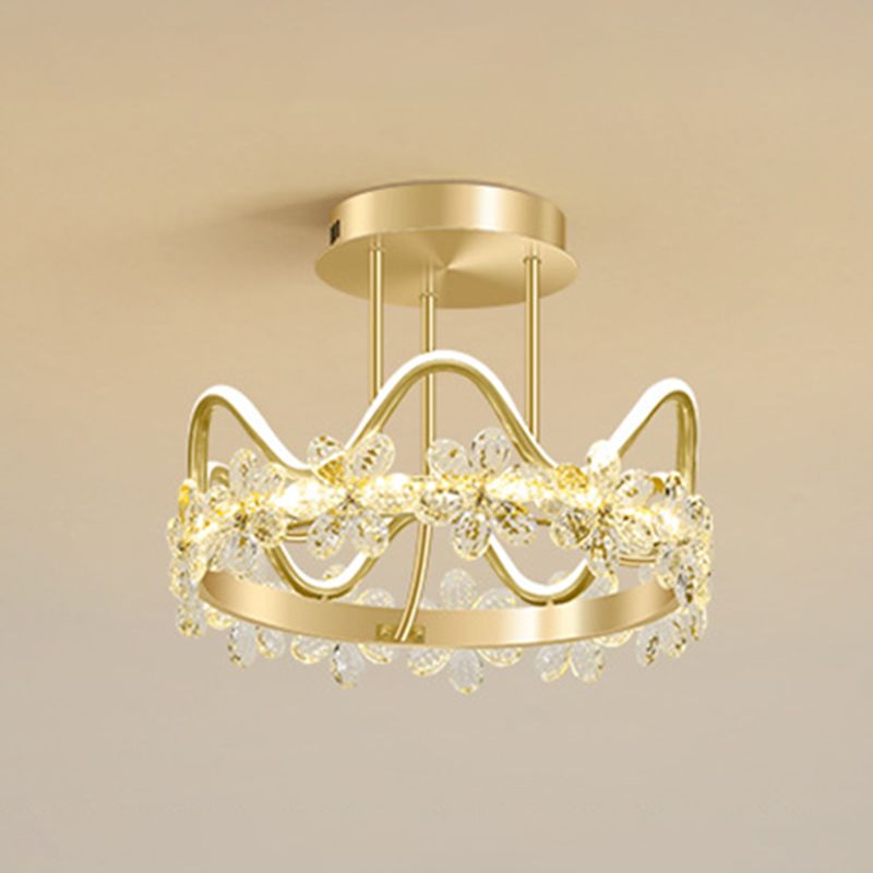 Gold Circular LED Ceiling Fixture Minimalist Flower Crystal Semi Flush Mount Light for Bedroom