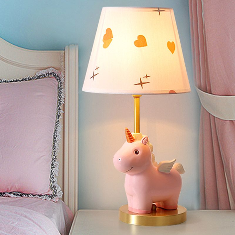 Sika Deer/Unicorn Bedside Table Lamp Resin Single Kids Night Light in Pink/Blue with Tapered Fabric Shade