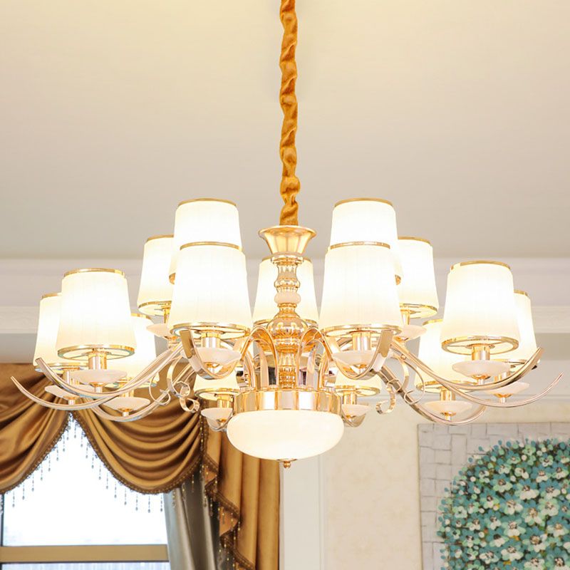 Opal Glass Barrel Chandelier Modernist Gold Pendant Lighting Fixture with Curving Arm