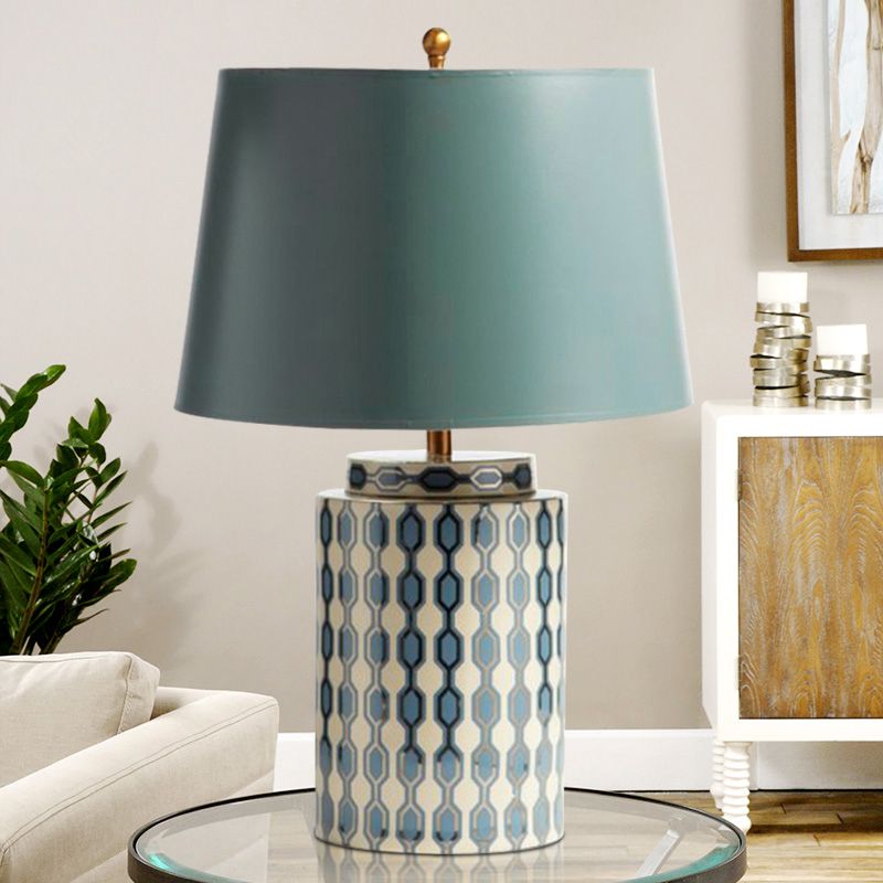 Fabric Tapered Drum Nightstand Lamp Country 1-Bulb Living Room Table Lighting in Green with Cylinder Base