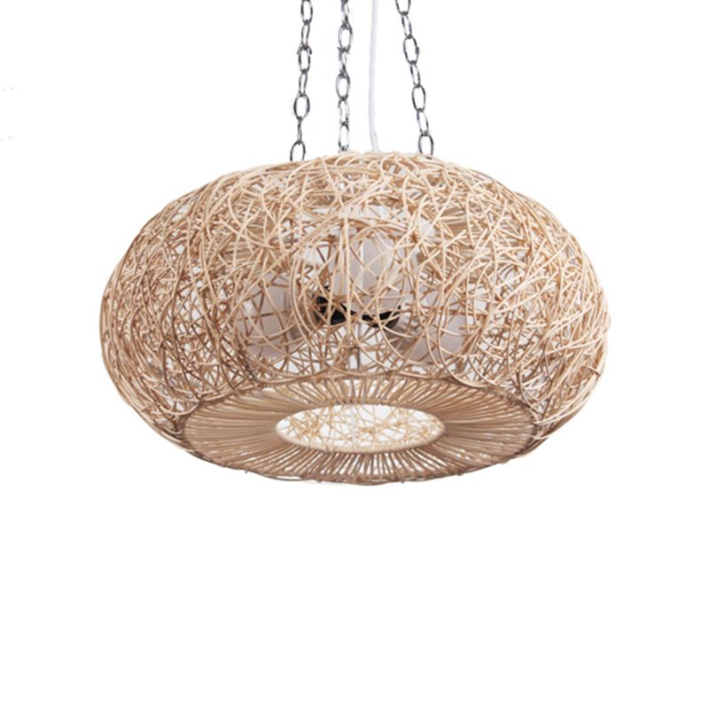 Lantern Chandelier Lighting Japanese Bamboo 3 Bulbs Beige Pendant Lighting Fixture