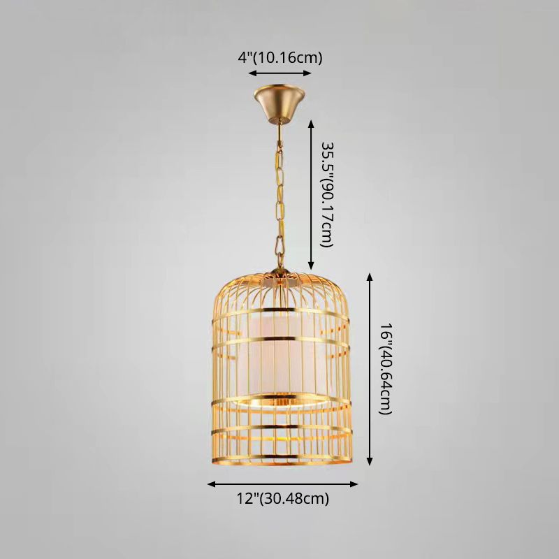 Gold Plated Birdcage Hanging Lamp Country Metal 1 Bulb Restaurant Ceiling Light with Cone Shade