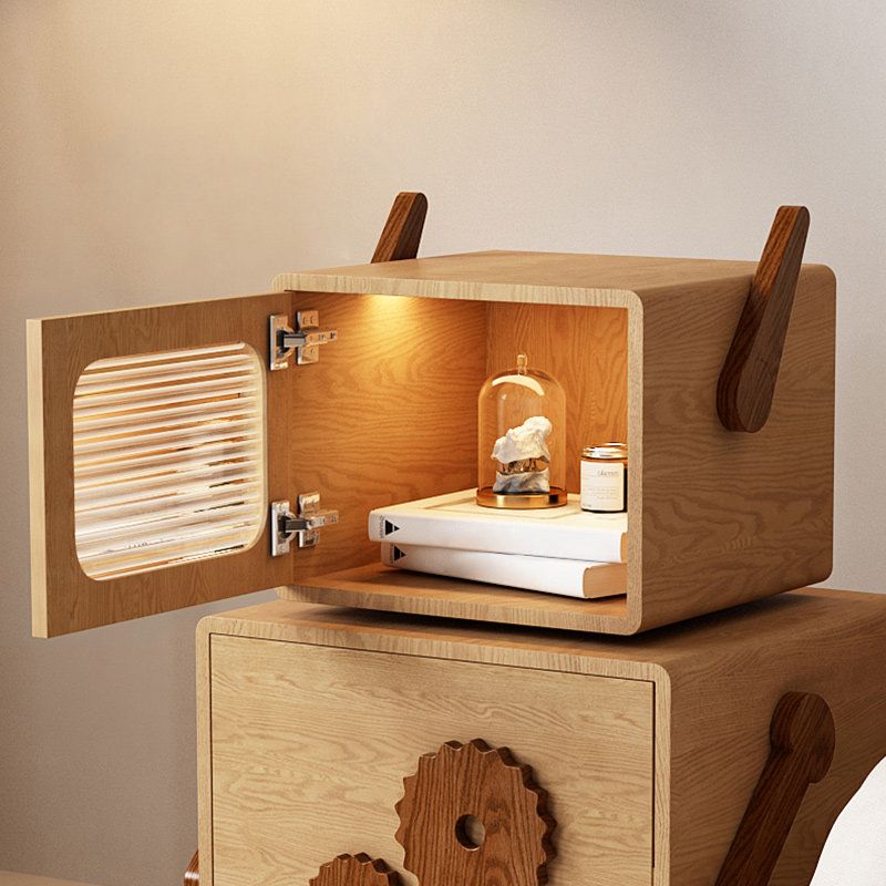 Modern & Contemporary Kids Bedside Table with Cabinet Light Wood Solid Wood