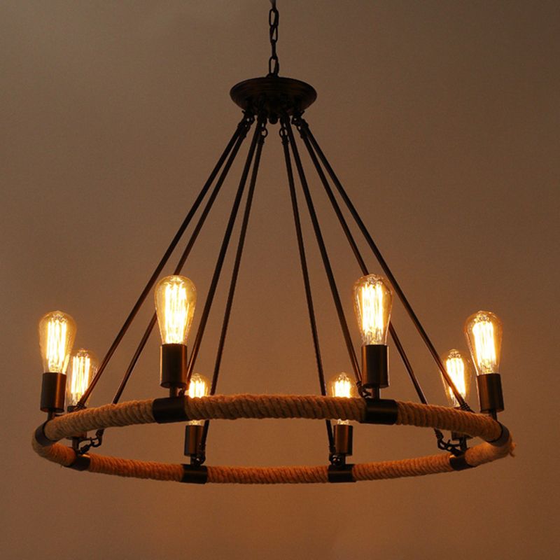 Vintage Industrial Style Round Chandelier Hemp Rope Open Bulb Design Restaurants Suspension Lighting Fixture