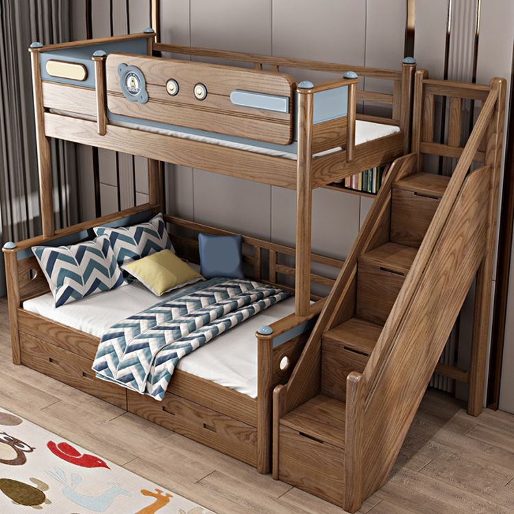 Brown Ash Standard Bunk Bed Solid Wood Scandinavian Bed with  Guardrail