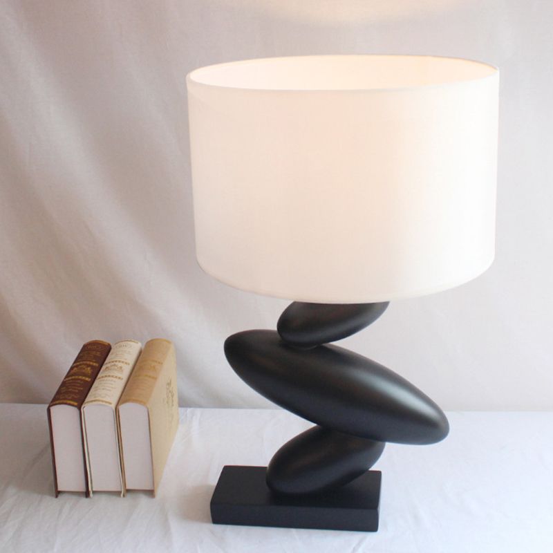 Single Straight Sided Shade Night Lamp Countryside White Fabric Table Lamp with Black Resin Cobble Base