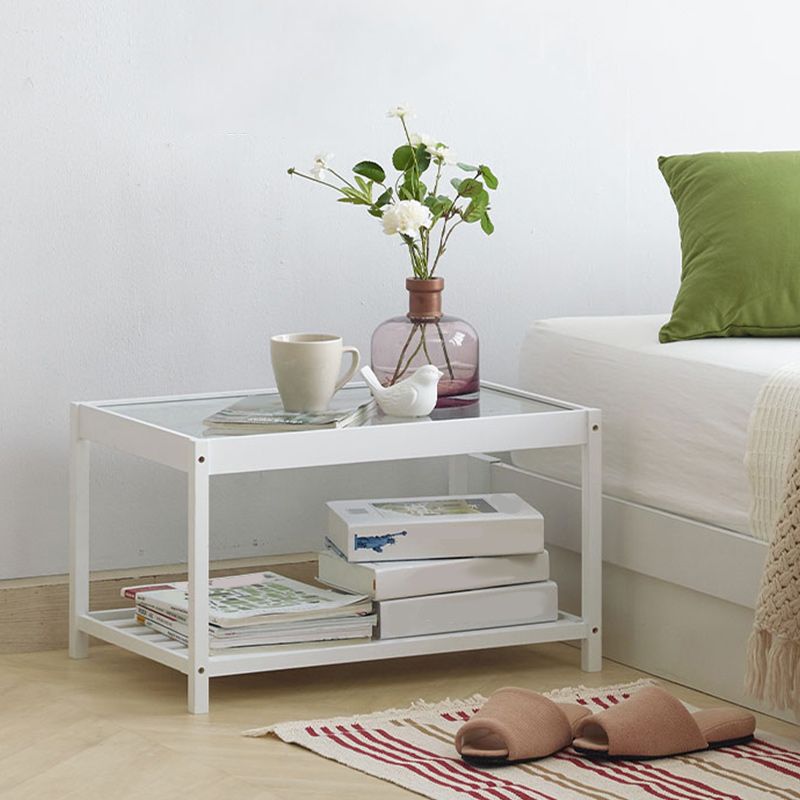 Modern Glass Top Night Table Open Storage Bamboo Bed Nightstand with Legs