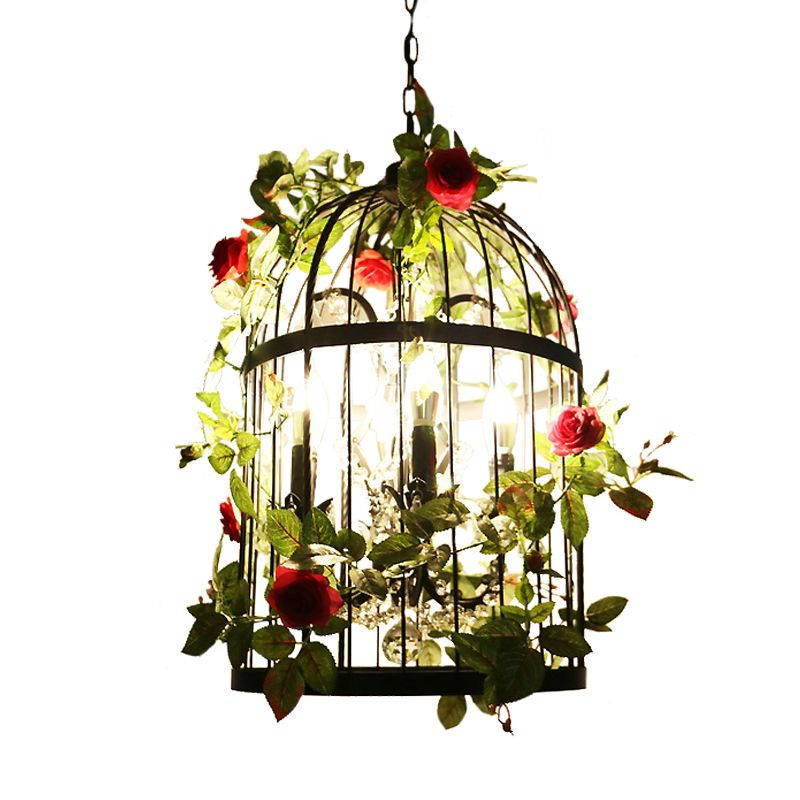 Black 4 Lights Chandelier Light Farmhouse Metallic Birdcage Pendant Lamp with Pink Flower/Green Plant Deco