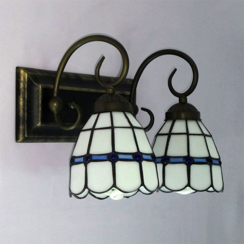 2-Bulb Handcrafted Art Glass Wall Lamp Tiffany Antiqued Bronze Bell Shaped Bathroom Vanity Light