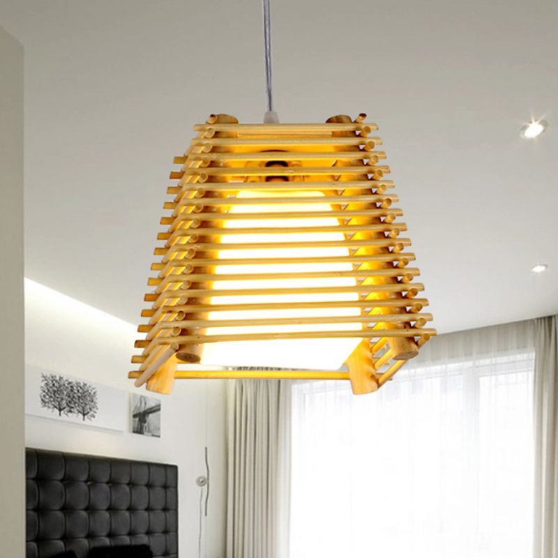 Suspension trapézoïde en bois pendentif japonais 1 lumière en bois suspendu en bois avec une teinte en verre blanc pour chambre à coucher