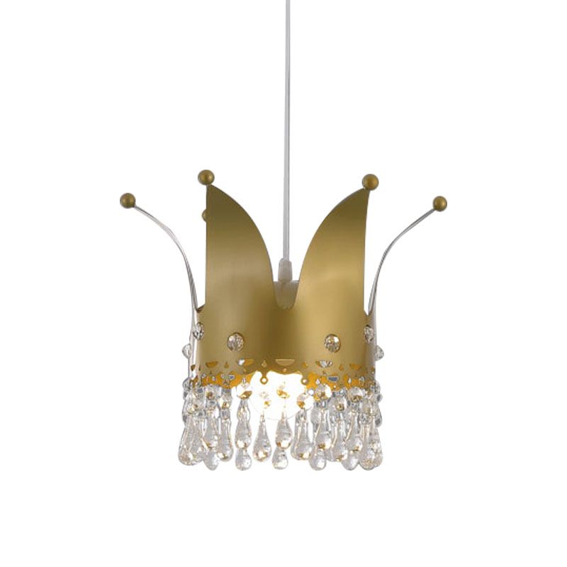 Modernist Crown Down Lighting Iron 1 Bulb Bedroom Hanging Lamp in Gold with Crystal Drop