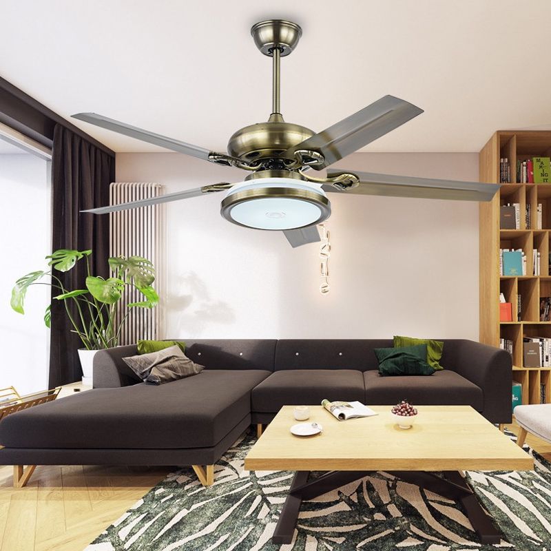 LED Circular Ceiling Fan Lamp Vintage Silver Metal Semi Flush Light for Living Room