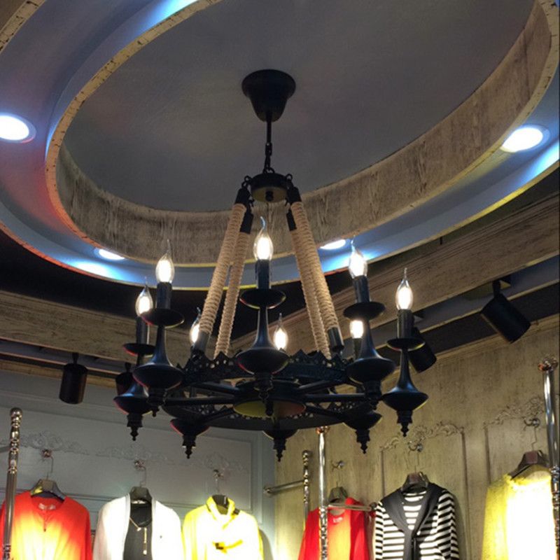 Wheel Rope Ceiling Chandelier Industrial-Style Restaurant Chandelier Pendant Light in Black