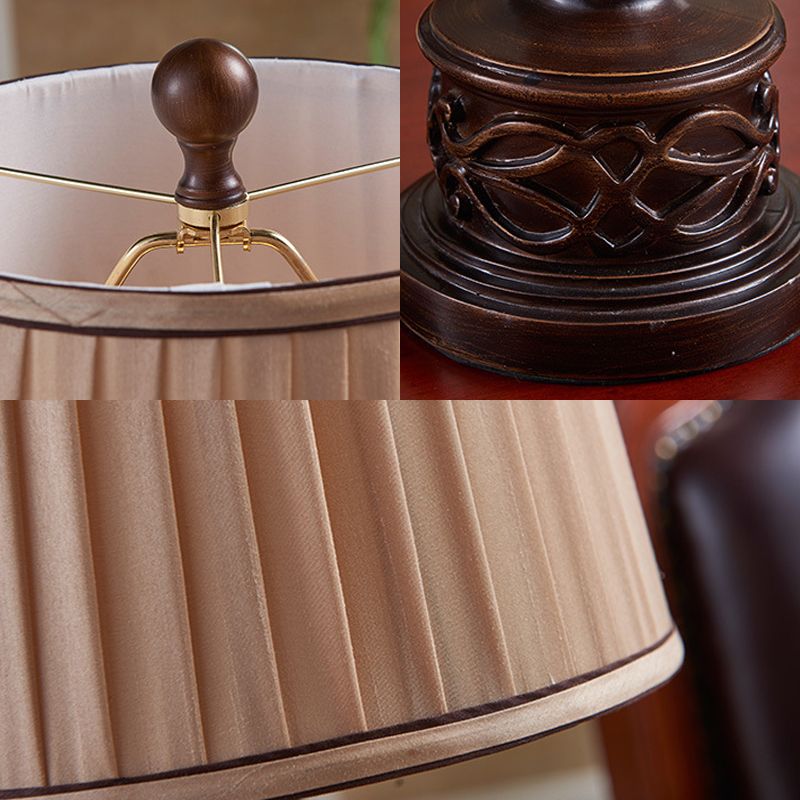 1 Light Table Lamp with Pleated Fabric Shade Antique Bedroom Nightstand Lamp with Brown Wooden Base