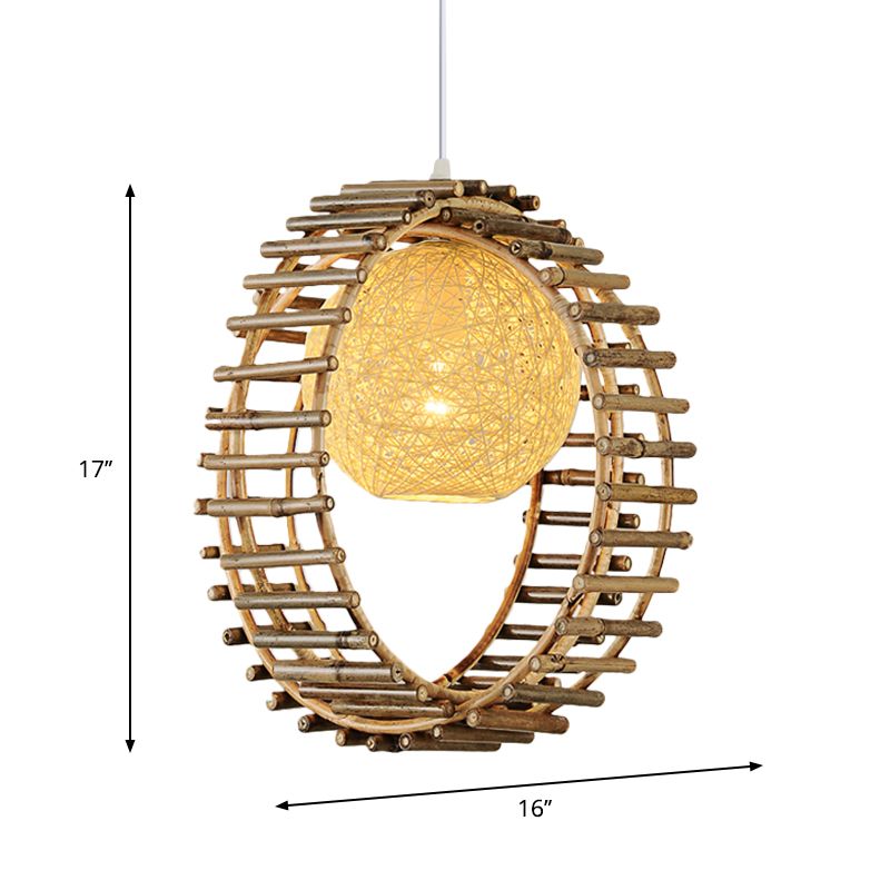 Bamboo Circular Suspension Pendant Contemporary 1 Head Beige Hanging Ceiling Light