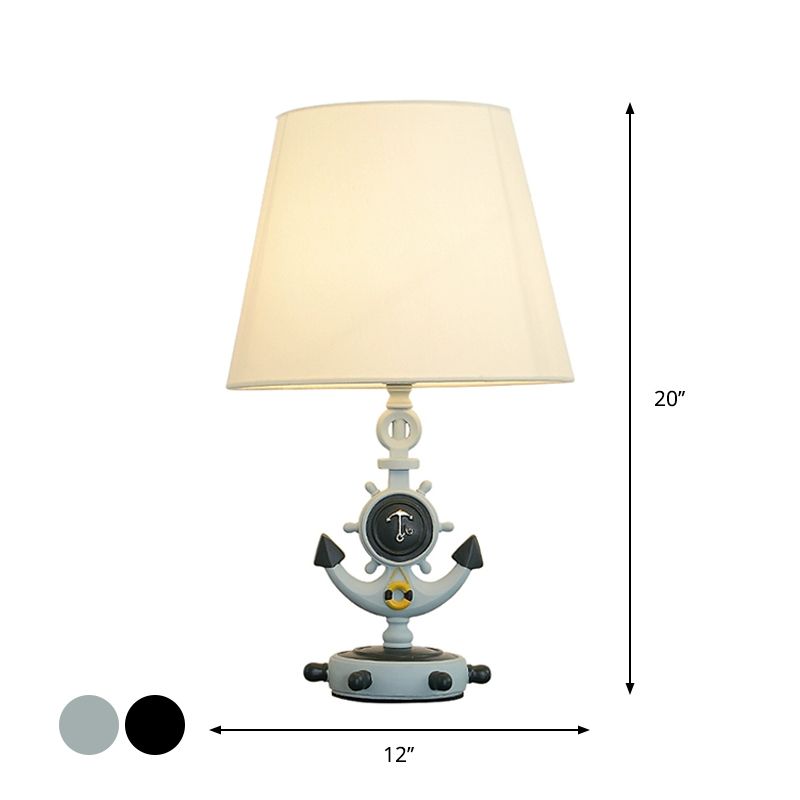 Nautical Cone Table Lamp Fabric 1 Light Study Room Night Lighting with Anchor Base and Rudder Pedestal in Black/Blue