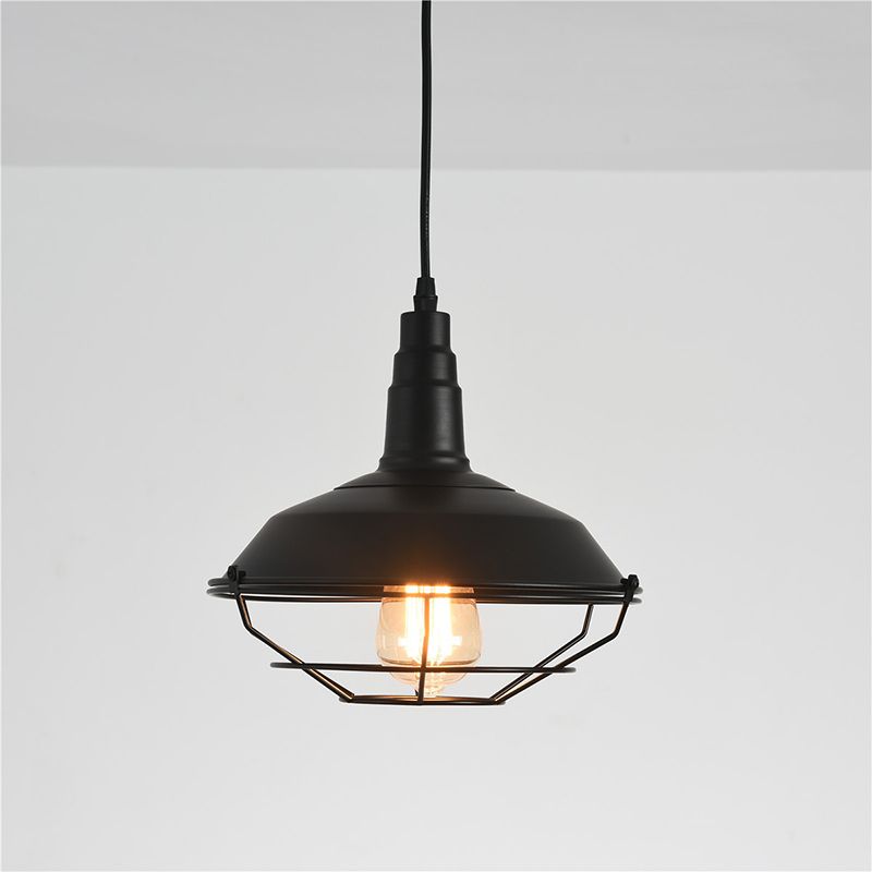 Black 1-Light Hanging Pendant Farmhouse Metal Barn Shaped Ceiling Lamp with Tapered Cage