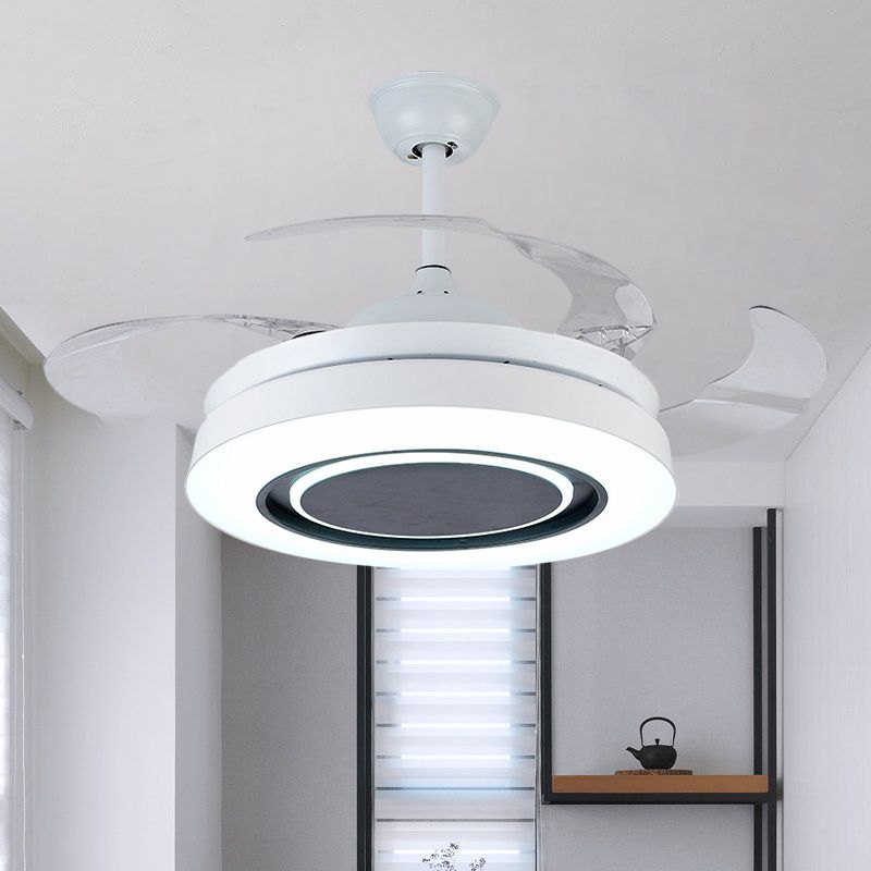 White Drum-Shape Pendant Fan Lamp Minimalism 42" Wide LED Acrylic Close to Ceiling Light with 4 Clear Blades