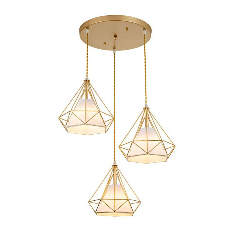 Diamond Cage Iron Suspension Light Fixture Vintage 3 Bulbs Restaurant Multi Ceiling Lamp with Inner Cone Shade