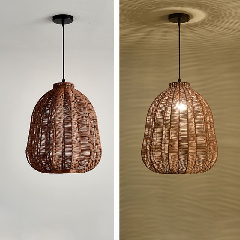 Farmhouse Natural Rattan Ciondolo illuminazione a 1 luce Sala da pranzo a sospensione in marrone