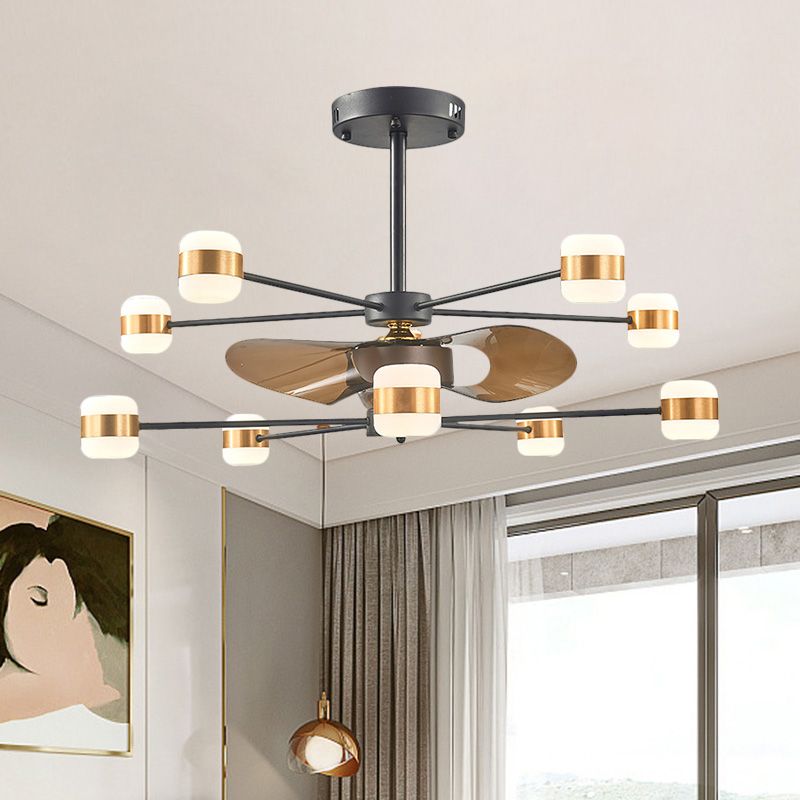 Gold 2-Layer Radial Semi Flush Lighting Modern 10 Bulbs Metallic Hanging Fan Light with 3 Brown Blades, 36.5" Wide