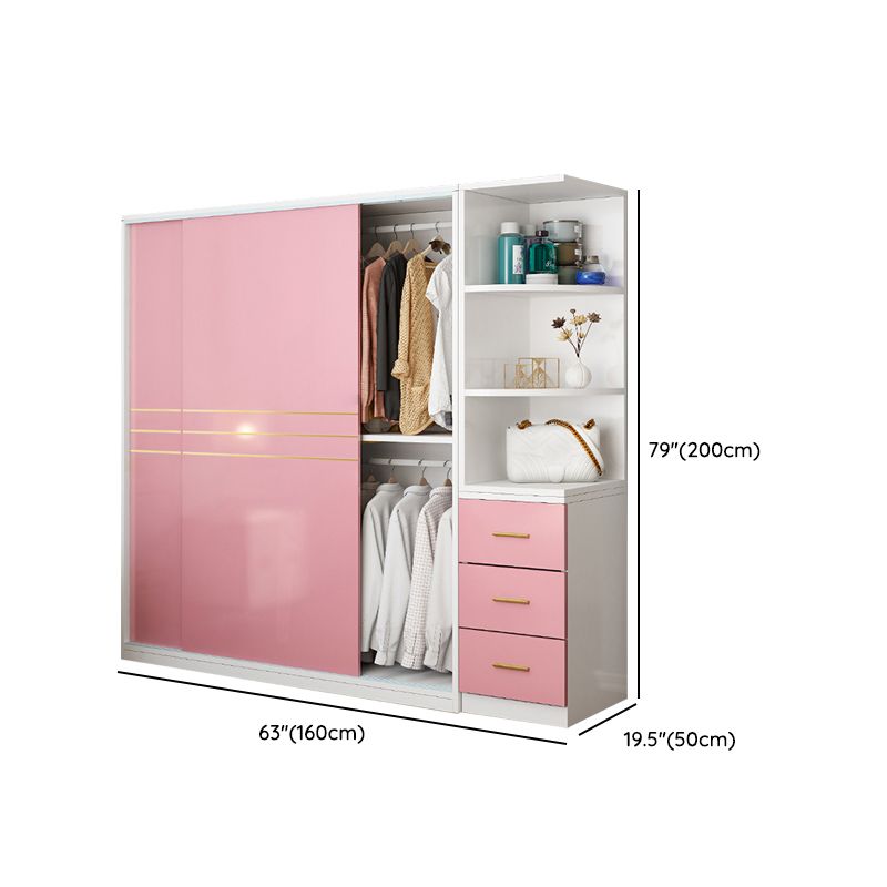 Pink Hanging Clothes Rack Wooden Wardrobe Armoire with Lower Storage Drawers