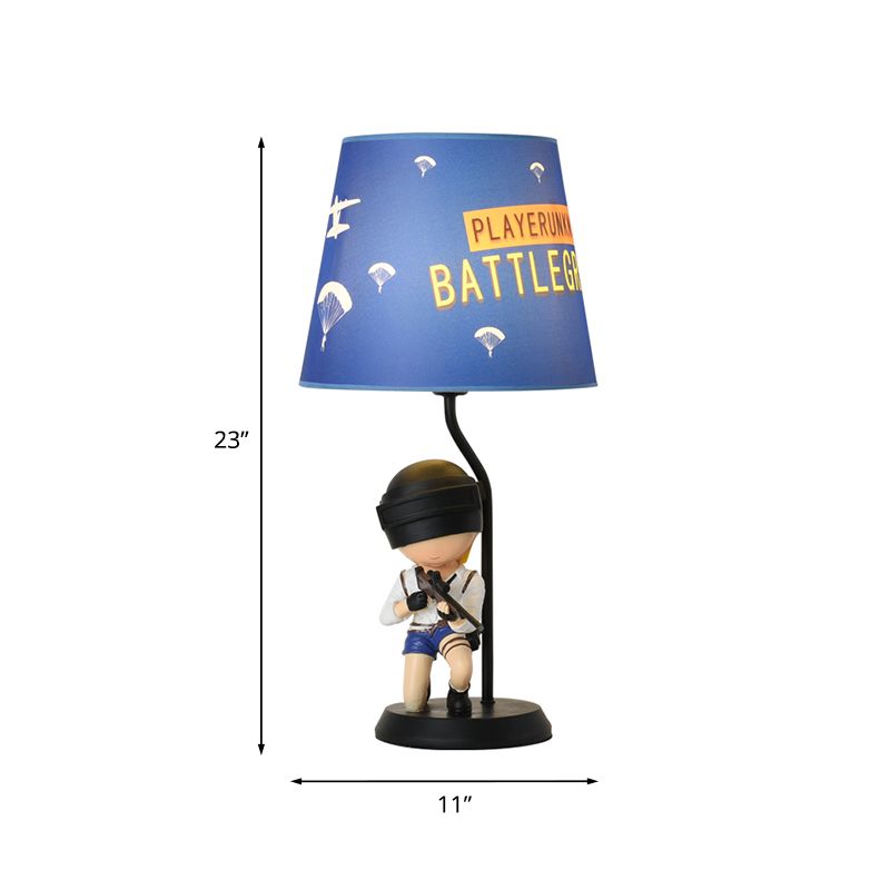 Barrel Night Light Kids Fabric 1 Head Blue Table Lamp for Bedroom with Squatting/Standing Soldier Decoration