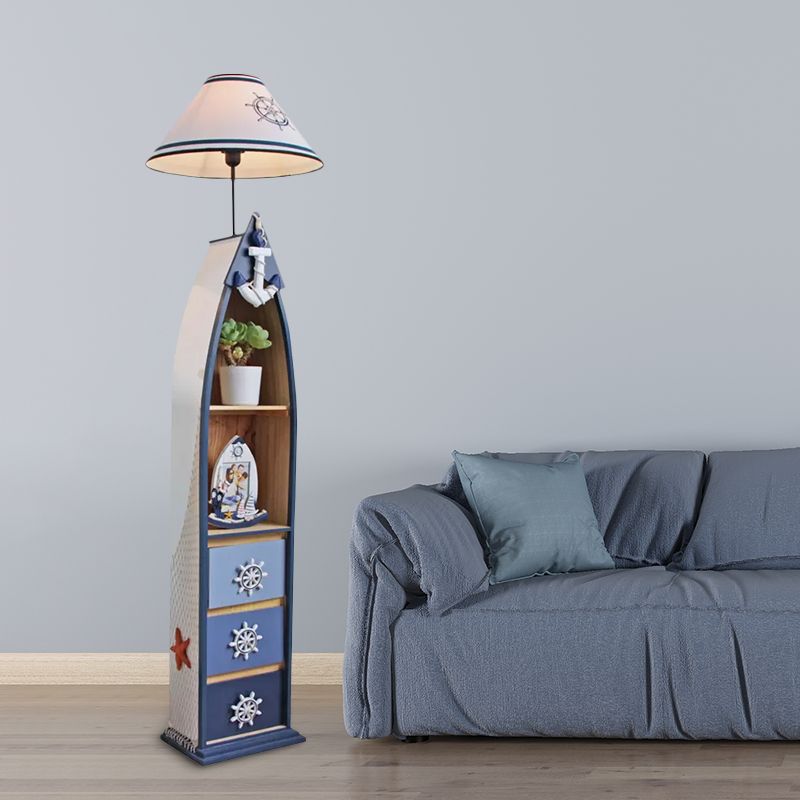 Wood Surfboard-Like Shelf Floor Lamp Children Single Head Pink/Green/Blue Standing Light with Cone White Fabric Shade