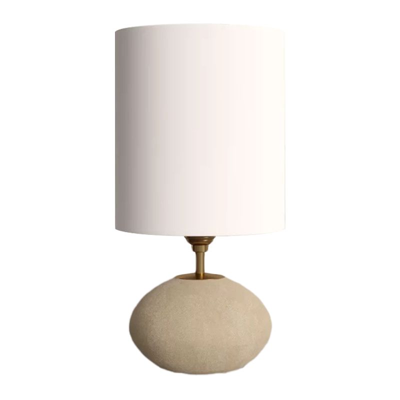 Cylindrical Fabric Table Lamp Countryside 1 Bulb Living Room Nightstand Lamp with Oval Stone Base in Light-Khaki