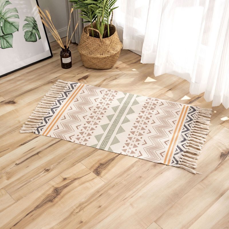 Classic Geometric Printed Rug Multi-Colored Cotton Blend Carpet Easy Care Washable Rug with Fringe for Bedroom