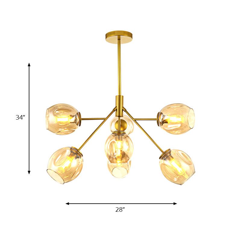 7/9/13 Lights Branch Chandelier Post Modern Amber Glass Shade Hanging Lamp in Gold