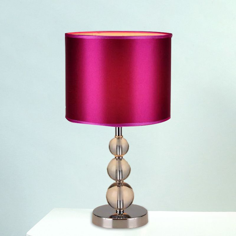 Traditional Cylinder Shaded Table Light 1 Head Fabric Nightstand Lamp in Purple with Clear Crystal Orbs