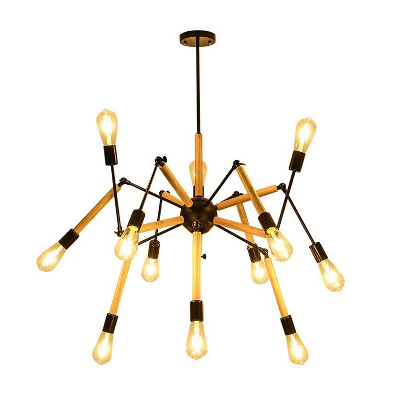 Wooden Spider Suspension Lighting Loft Style 12-Bulb Restaurant Chandelier in Black