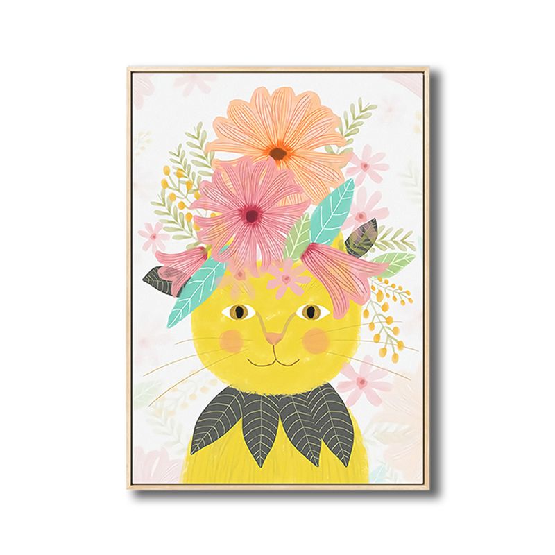 Cartoon Pet Wearing Flowers Art Print Canvas Textured Colorful Wall Decor for Nursery