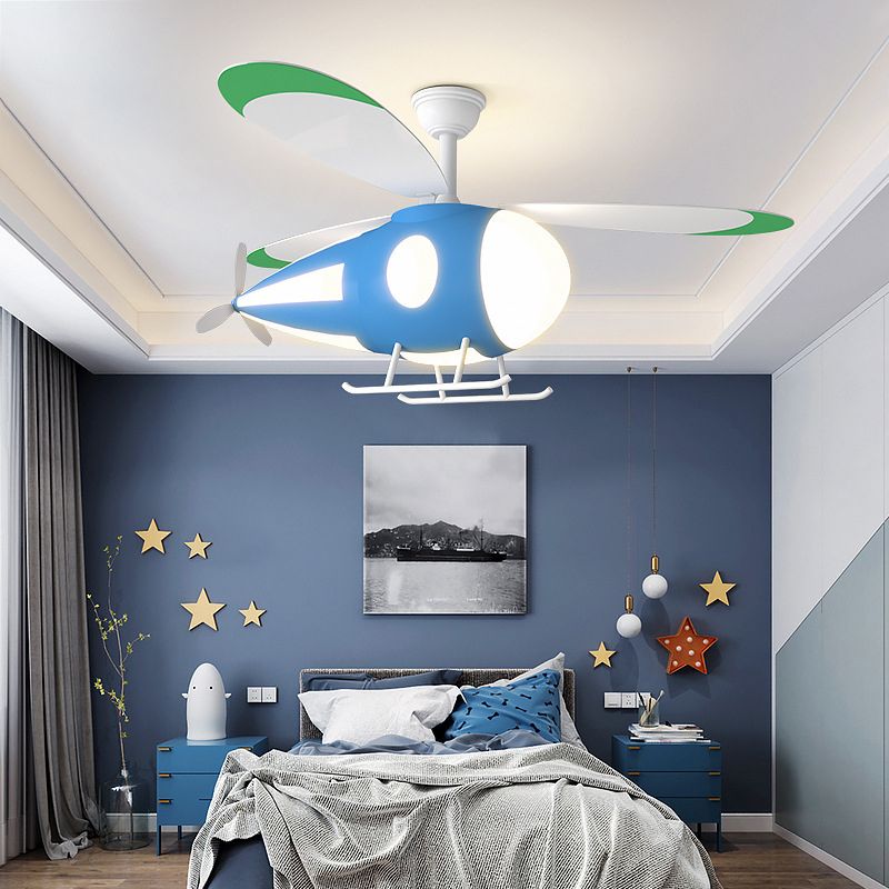 Metal Airplane Shaped Hanging Fan Light Cartoon LED Semi Flush Mount Lamp for Childrens Bedroom