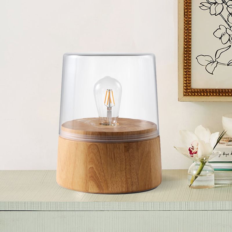 Translucent Glass Jar Table Lighting Nordic 1 Light Nightstand Lamp with Wood Round Pedestal