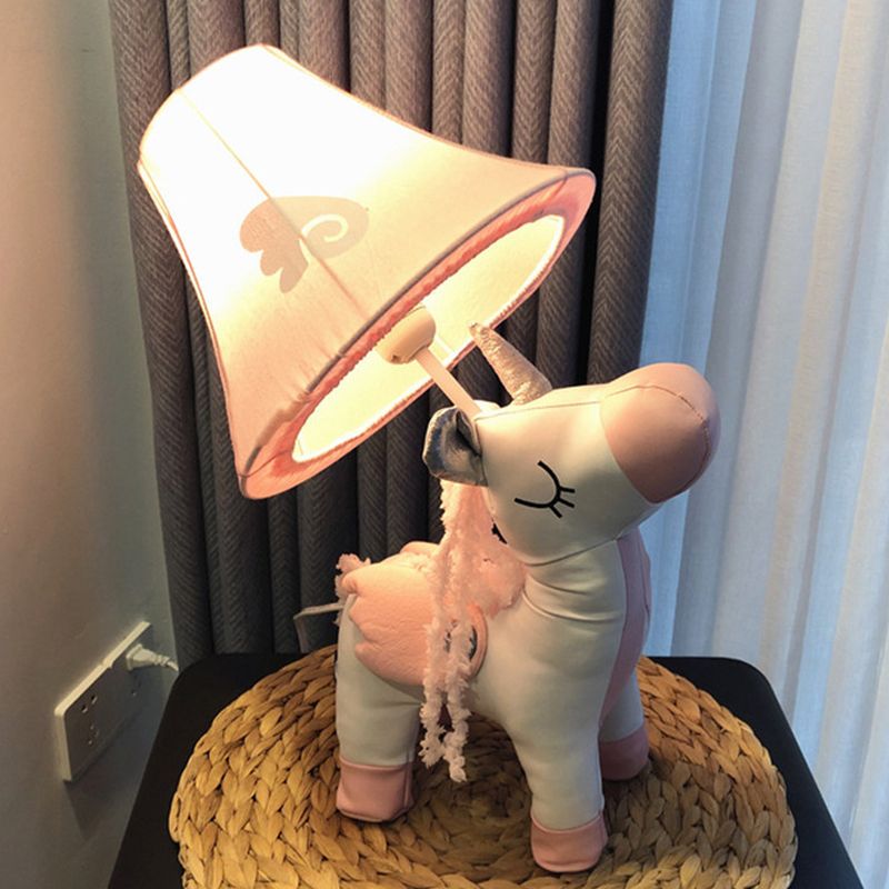 Cartoon Unicorn Cotton Night Light 1-Light Table Lamp with Flared Fabric Shade in Pink