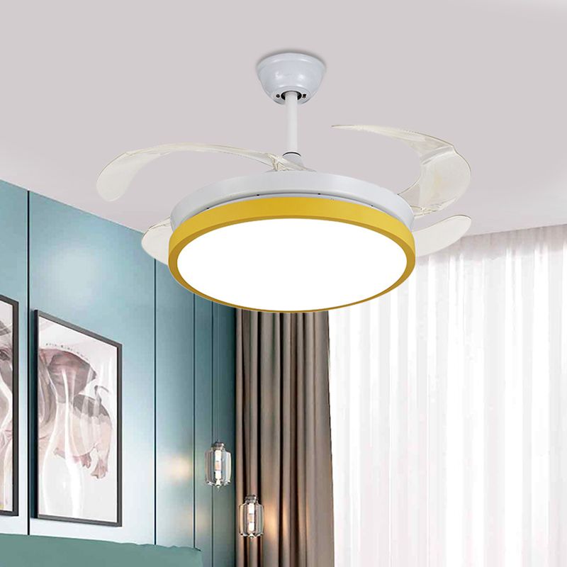 Circular Acrylic Semi Flush Ceiling Lamp Modern Pink/Blue/Yellow 42.5" W LED Hanging Pendant Fan Light for Bedroom with 4 Clear Blades