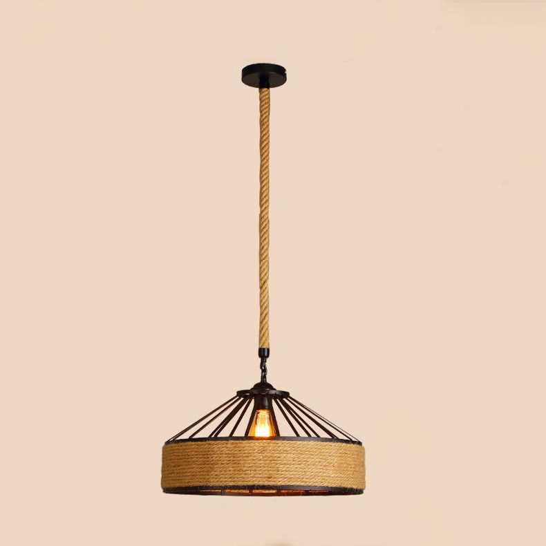 Industrial Drum Commercial Pendant Lighting Natural Rope 1-Light Hanging Light Fixture