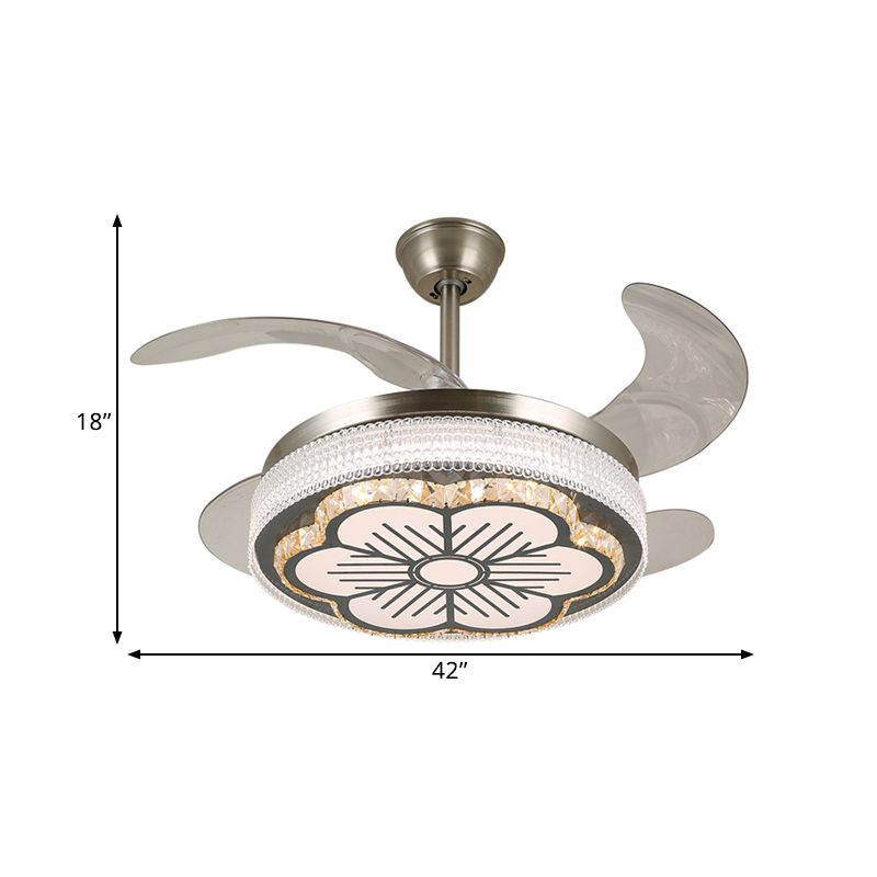 Stainless-Steel LED Semi Flush Light Contemporary Crystal Blocks Circular 4 Blades Ceiling Fan Lamp, 19" Width