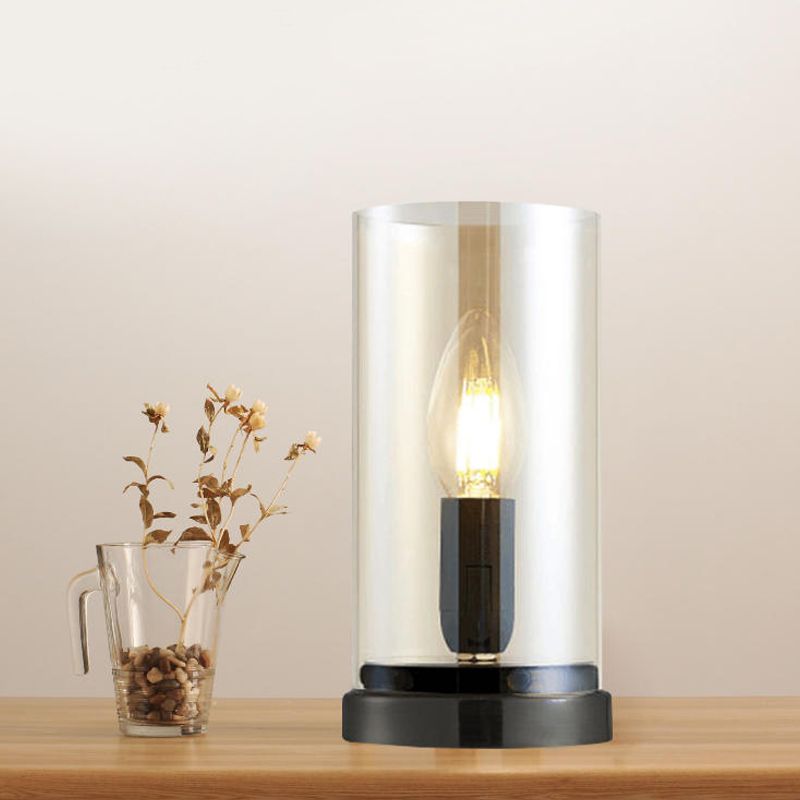 Black 1 Light Table Lighting Industrial Clear Glass Cylindrical Night Lamp for Living Room