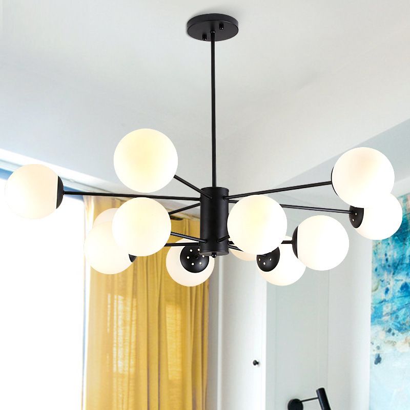 Frosted White Glass Ball Shade Chandelier 12-Light Modern Style Black Pendant Light for Bedroom Living Room