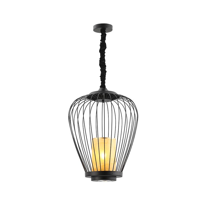 Caged Dining Room Ceiling Lighting Metal 14"/18" W 1 Head Modern Style Suspension Lamp with Cylinder Fabric Shade