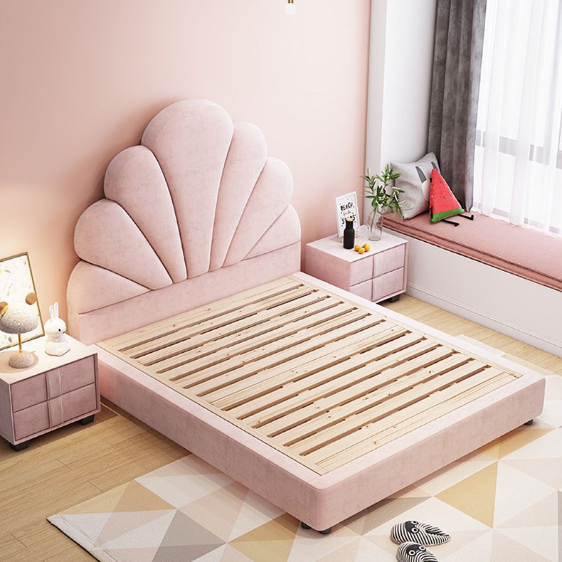 Contemporary Pink Bed with Upholstered and Panel Headboard in Pine Wood