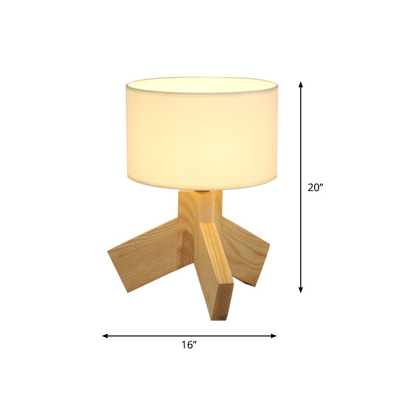 Drum Fabric Table Light Nordic Single Bulb Wood 3-Leg Night Stand Lamp for Bedroom