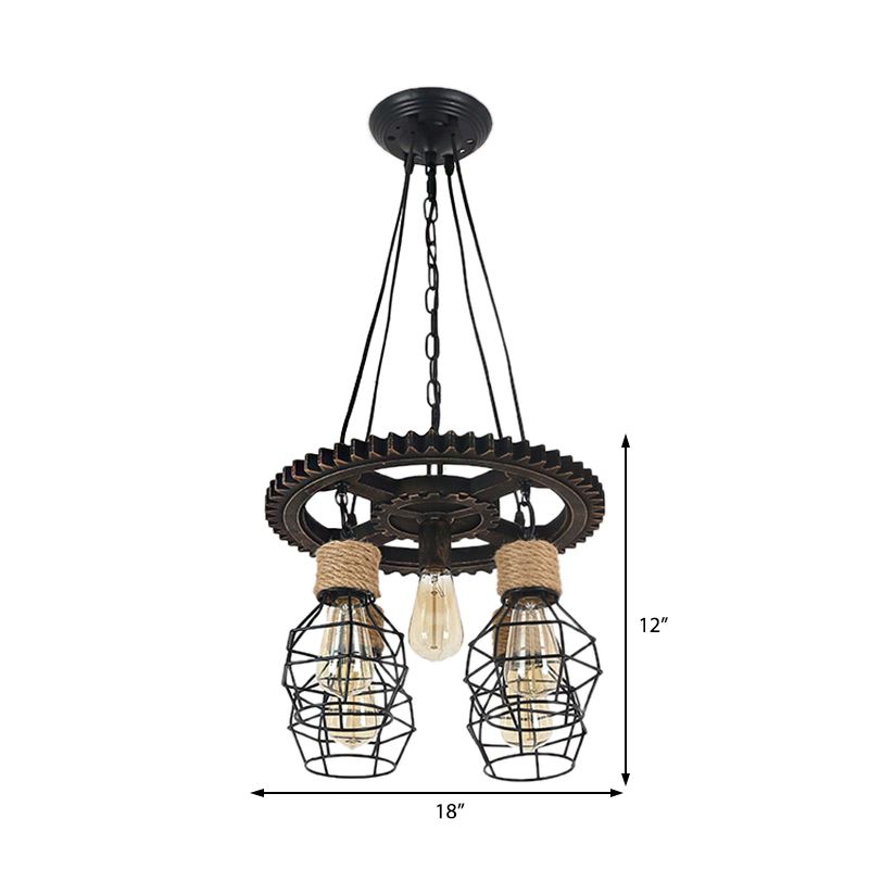 5 Lights Metal and Rope Pendant Chandelier Industrial Black Globe Dining Room Hanging Ceiling Fixture with Gear Shelf