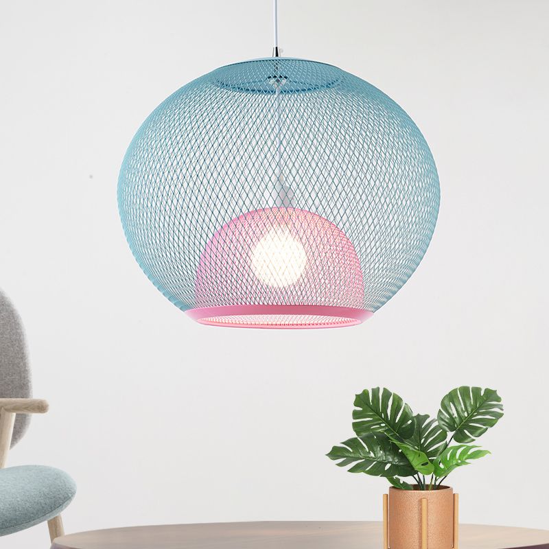 Global Mesh Restaurant Pendant Light Metallic 1-Bulb Macaron Ceiling Hang Fixture in Pink/Yellow/Blue