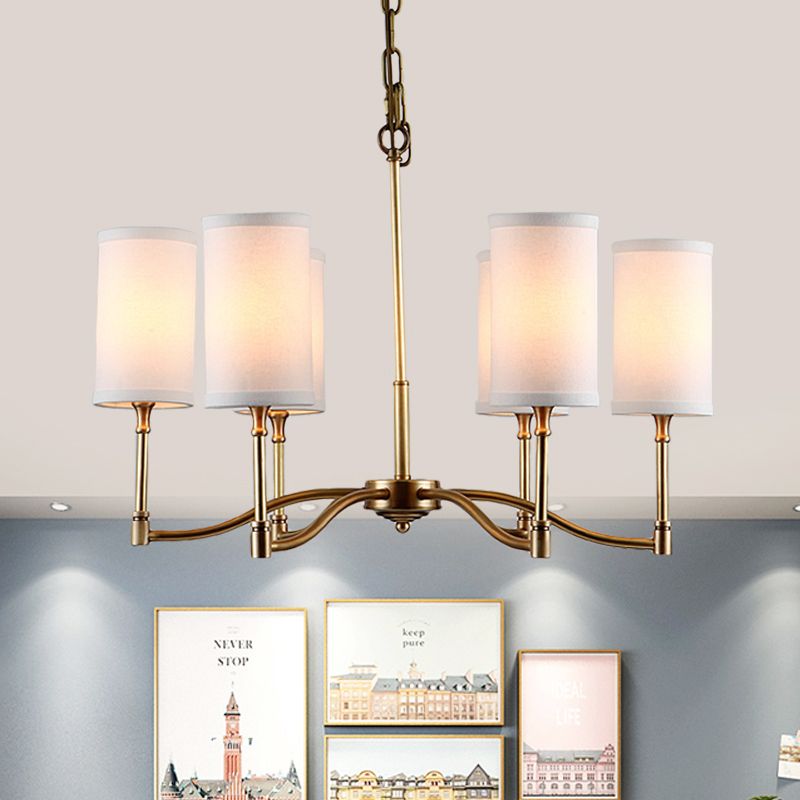 Gold Tubular Pendant Chandelier Colonial Style Fabric 6/9-Bulb Down Lighting with Twisted Arm for Living Room