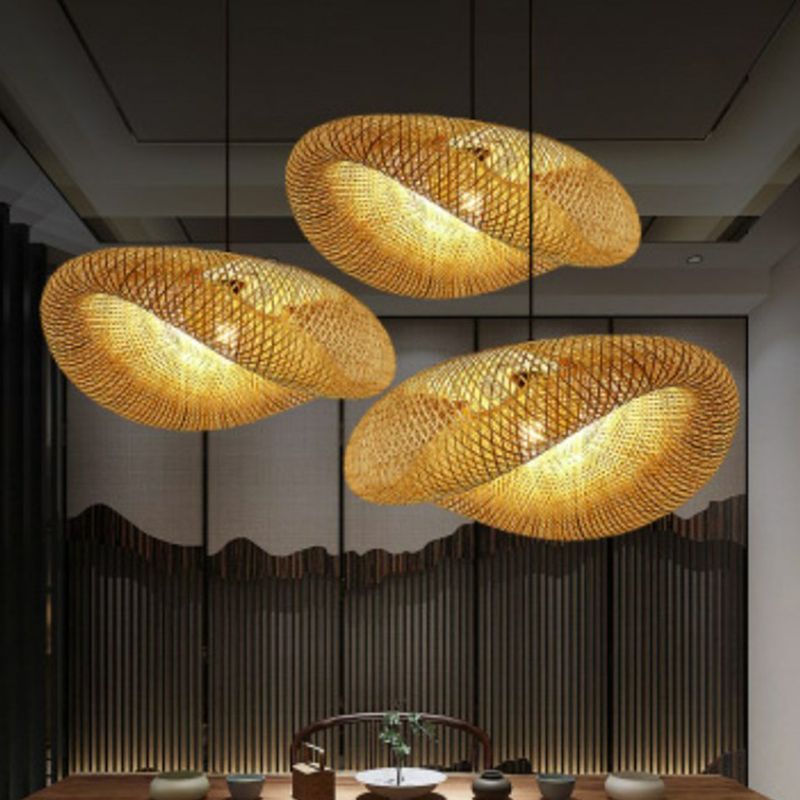 Bambou Mesh Pendant Lightture Creative Asian Asian 1-Light Beige Suspension Light for Tea Room